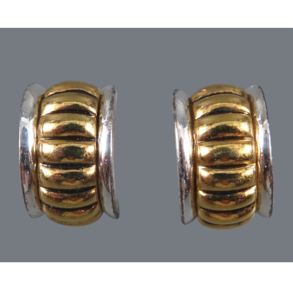 Vintage NAPIER CLIP-ON EARRINGS Small Hoops Huggies SILVER & GOLD 2-TONE Shrimp